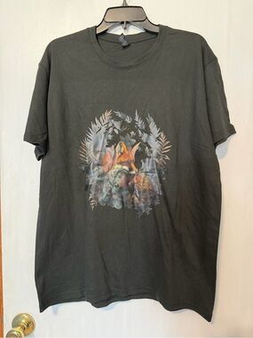 Women’s Black T-shirt with Fox and Floral Graphic Print - Size Large